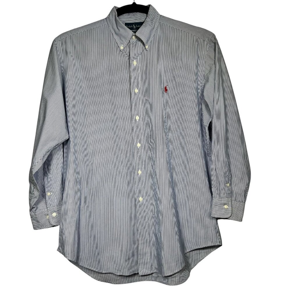 Ralph Lauren Mens Blue White Striped Yarmouth Casual Button Down Shirt Size 16 - Picture 3 of 12